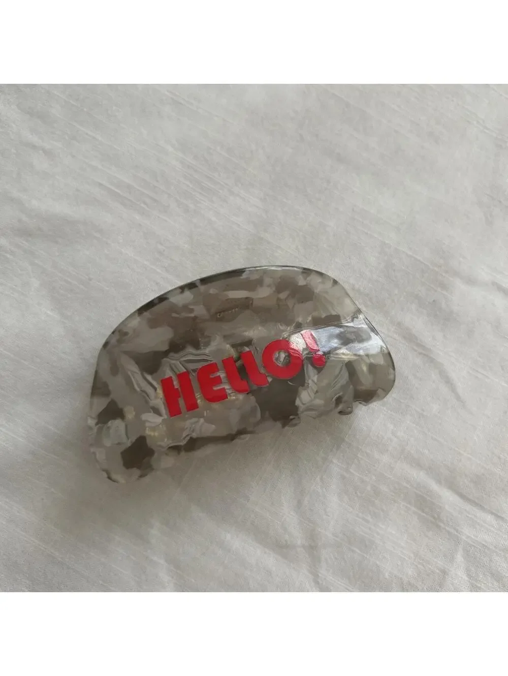 Gray Marbled HELLO! Acrylic Hair Claw Clip Red Lettering Accessory